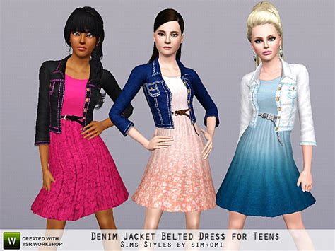 The Sims Resource Denim Jacket And Belted Ombre Or Lace Dress For Teens