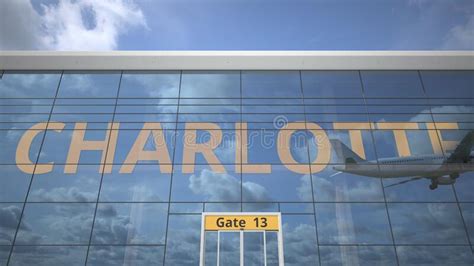 Charlotte City Name And Landing Airplane At Airport Terminal 3d