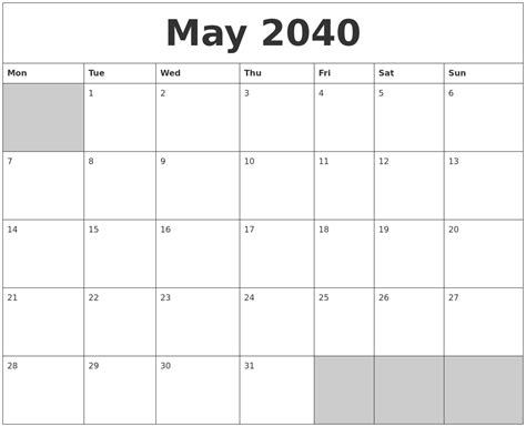May 2040 Blank Printable Calendar