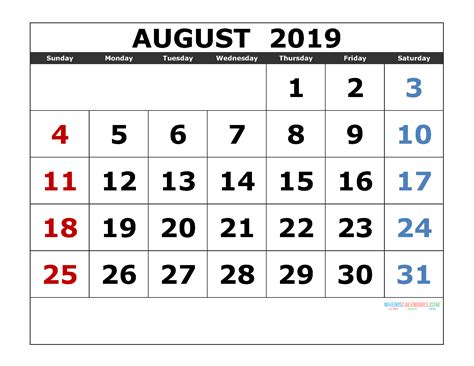 August 2019 Printable Calendar Templates 2019 Monthly Calendar
