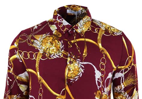 Mens Button Shirt Satin Silk Feel Paisley Italian Iconic Chain Smart