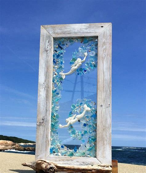 Sea Glass Panel With Mermaids Swimming In A Swirl Etsy Uk Beach Glass Art Sea Glass Art