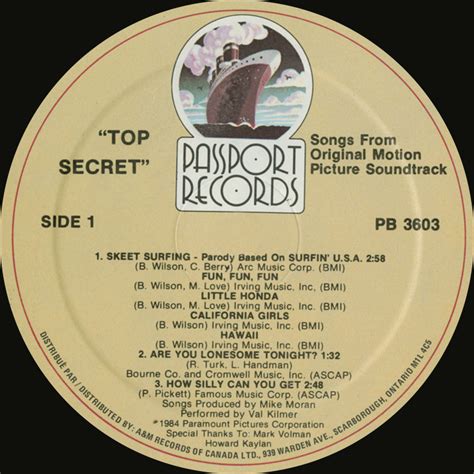 Original Motion Picture Soundtrack Top Secret Vinyl Album