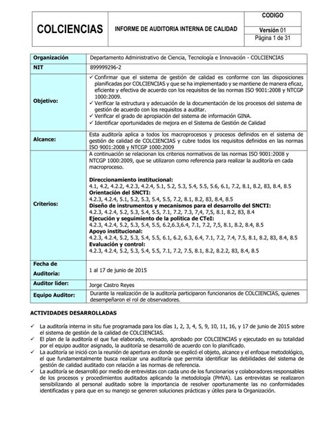 Informe De Auditoria Interna Iso 9001 2015 Pdf Calida