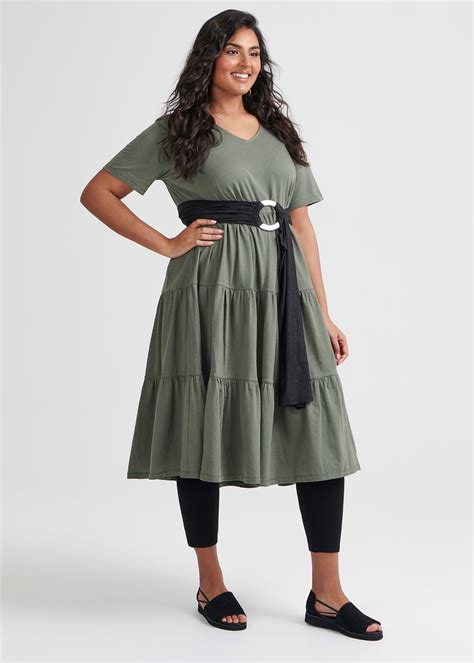 Tiered Organic Dress In Green In Sizes 12 To 24 Taking Shape New Zealand