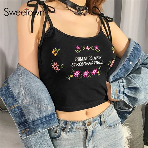 Sweetown Women Black Cute Crop Top 2019 Summer Sexy Lingerie Camis Floral And Letter Embroidery