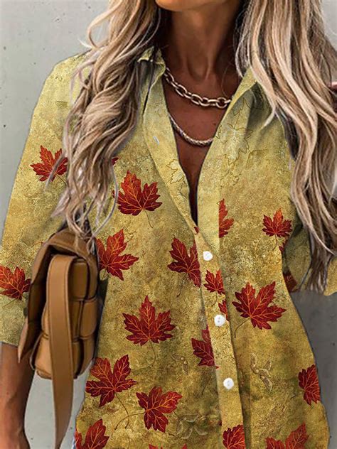 Plus Size Autumn Leaves Printed Blouse Noracora