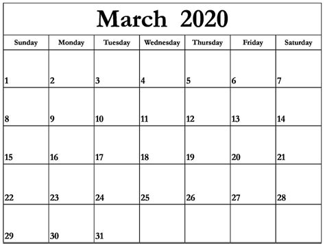 Monthly Calendar March 2020 Printable Word One Platform For Digital