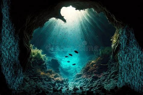 Underwater Cave With Coral Reefs Deep On Ocean Floor In Rays Of Sun