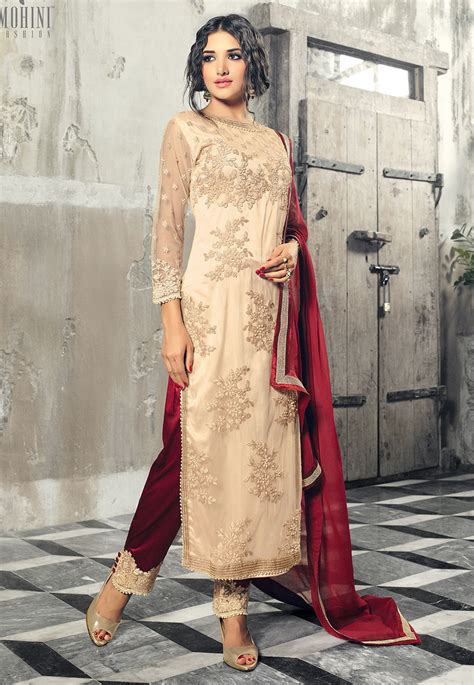 Embroidered Net Pakistani Style Suit In Cream Kch320
