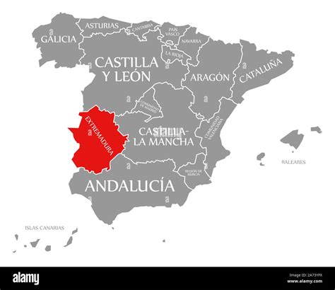 Extremadura Red Highlighted In Map Of Spain Stock Photo Alamy