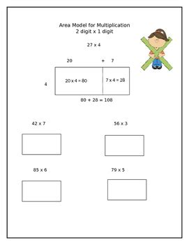 A rectangle is divided into columns and rows to represent the numbers. 2 Digit x 1 Digit Area Model for Multiplication Worksheet- 4.NBT.5
