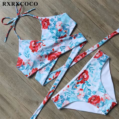 Rxrxcoco Bikini 2018 Hot Sexy Cross Brazilian Bikinis Women Swimwear Set Floral Printed Swimsuit