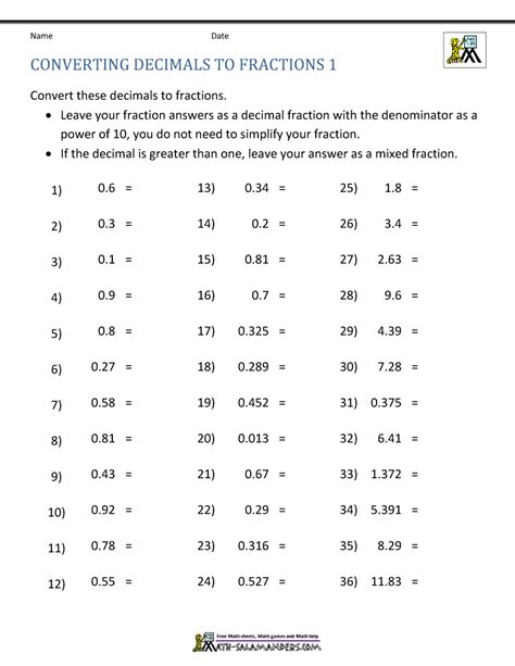 Fraction And Decimal Worksheets