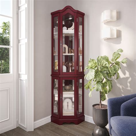 BELLEZE Loraine Canted Front Lighted Corner Curio Cabinet With Tier