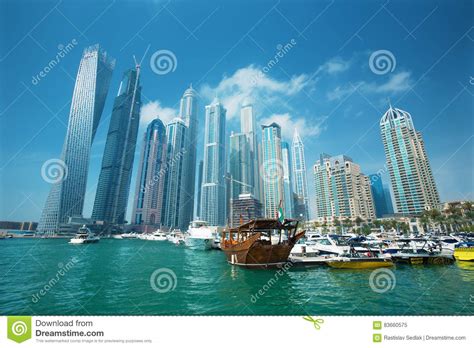 Dubai Marina Skyscrapers And Port With Luxury Yachtsdubaiunited Arab