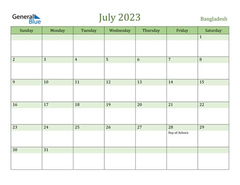 Bangladesh July 2023 Calendar With Holidays