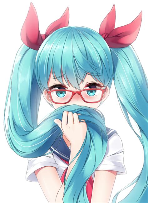 Miku In Glasses Holding Her Hair Rhatsune