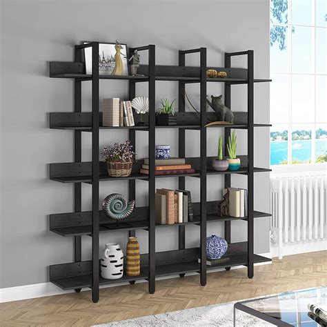 Industrial Large 5 Tier Open Bookcase Tribesigns Rustic Triple Wide