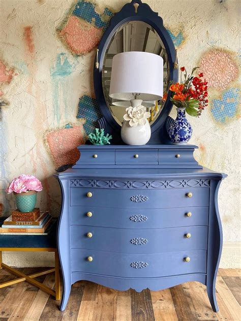Extreme bedroom makeover | luxe on a budget room transformation. Vintage Painted Dresser with Mirror. Antique Blue Chest of ...