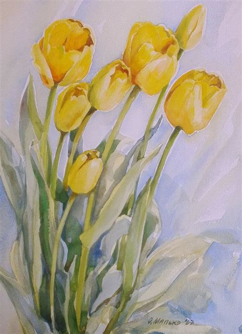 Bright Yellow Tulips Original Watercolor 15x11in Not A Print