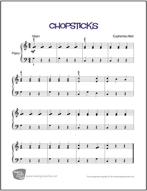 Chopsticks Allen Beginnereasy Piano Sheet Music
