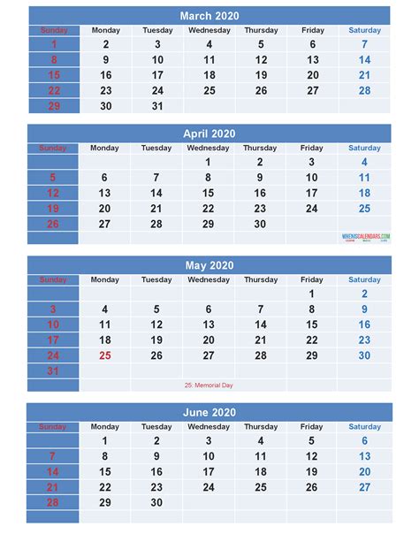 Calendar 2020 March April May June As Word Pdf Image