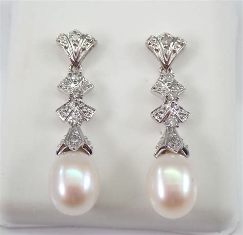 Pearl And Diamond Dangle Drop Earrings 14K White Gold June Birthstone