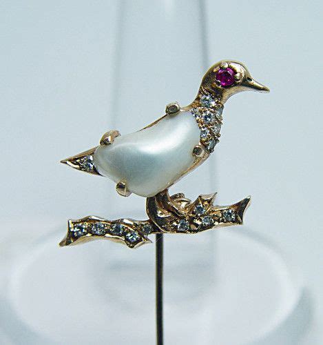 Vintage Diamond Ruby Baroque Pearl Bird Brooch Stick Pin 14k Gold