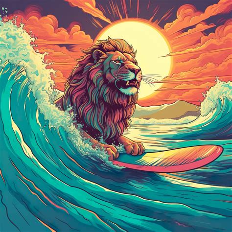 Lion Surfing Wall Art High 8k Resolution Etsy