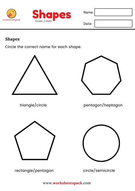 Free Shapes Names Worksheets For Grade 2 Circle The Correct Name For