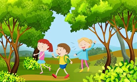 Tres Niños Caminando En El Bosque Descargar Vectores Premium