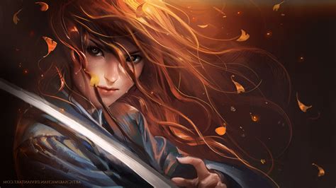 Wallpaper Leaves Illustration Women Redhead Long Hair Anime