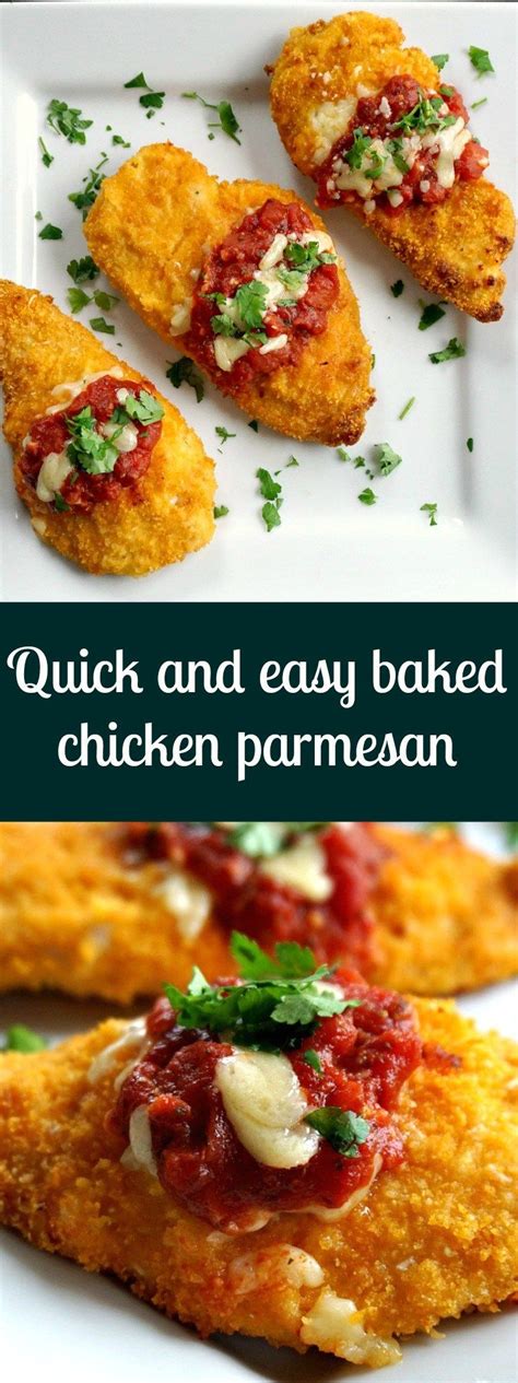 Baked chicken parmesan coated with a deliciously seasoned parmesan cheese crust and topped with melty mozzarella and tangy marinara sauce. Quick and easy baked chicken parmesan, a healthy recipe ...