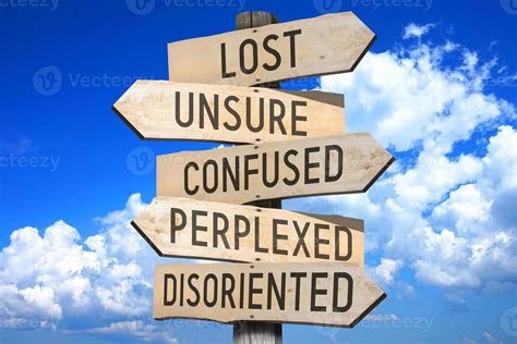 Lost Unsure Confused Perplexed Disoriented Wooden Signpost With