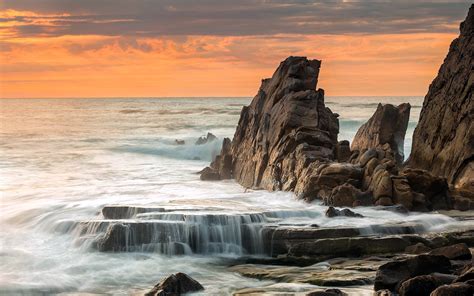 Sea Rocks Landscape Sunset Ocean Waves Wallpaper 1920x1200 153652