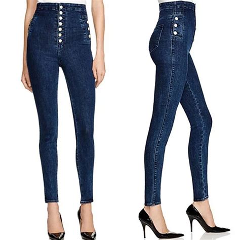 fashion button decora woman jeans high waist skinny pencil pants sexy slim elastic pants