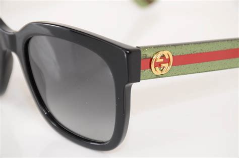 Gucci Gg0034s Black Green Red Stripe Glitter Rectangle Frame Sunglasses