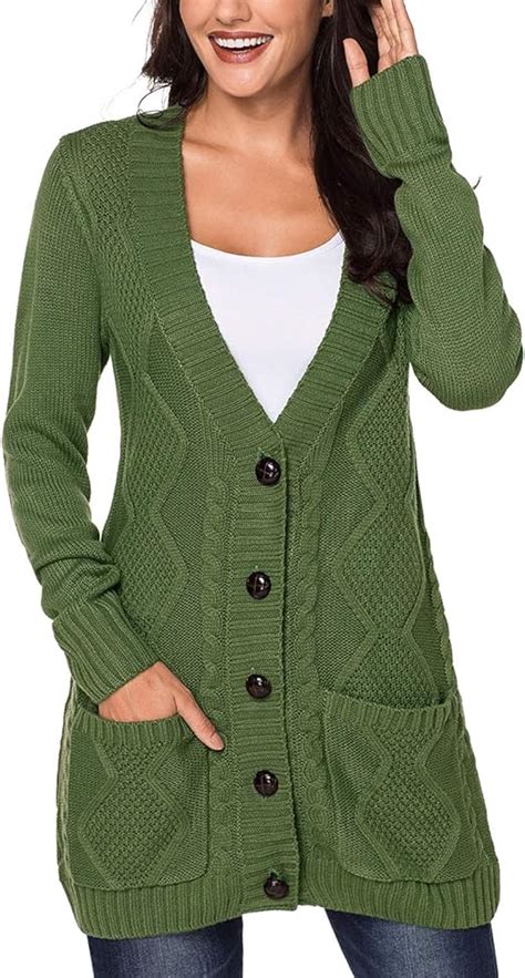 Syrads Women Cable Knit Sweater V Neck Long Cardigan Open Front Button