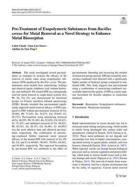 Pre Treatment Of Exopolymeric Substances From Bacillus Cereus For Metal