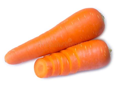 Flat Laying Of Two Fresh Orange Carrots With Slices Isolated On White
