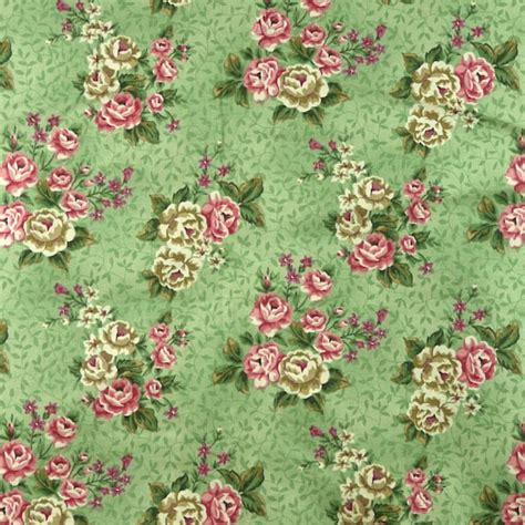Quilting Cotton Print Fabric Green Floral Pink By Dartingdogfabric
