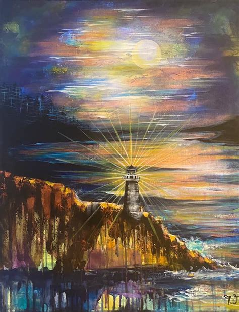 A Painting Of A Lighthouse On Top Of A Mountain With The Sun Shining