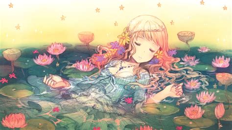 Wallpaper Lukisan Ilustrasi Bunga Bunga Mata Tertutup Gadis Anime Karya Seni Karakter