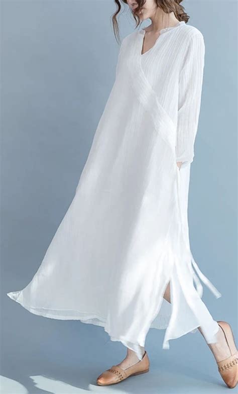2017 Flowy Fine White Linen Maxi Dresses Summer Caual Silk Dress
