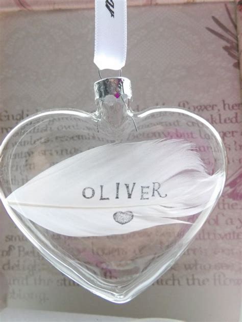 Stamped White Feather Memory Heart Bauble Personalized Glass Etsy Christmas Tree Memories
