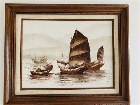 P Wong Original Oil Painting Chinese Junk Boats