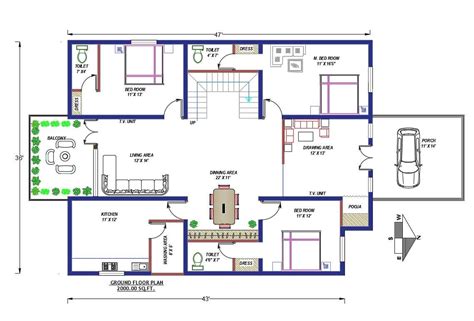 North Facing 3 Bhk House Architecture Plan Drawing Download Dwg File
