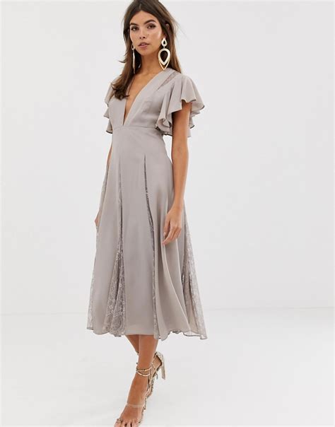 Asos Design Midi Dress With Lace Godet Panels Multi ModeSens