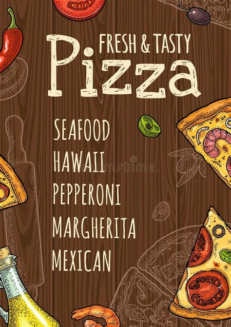 Vertical Poster Slice Pizza And Ingredients Vintage Vector Colorful